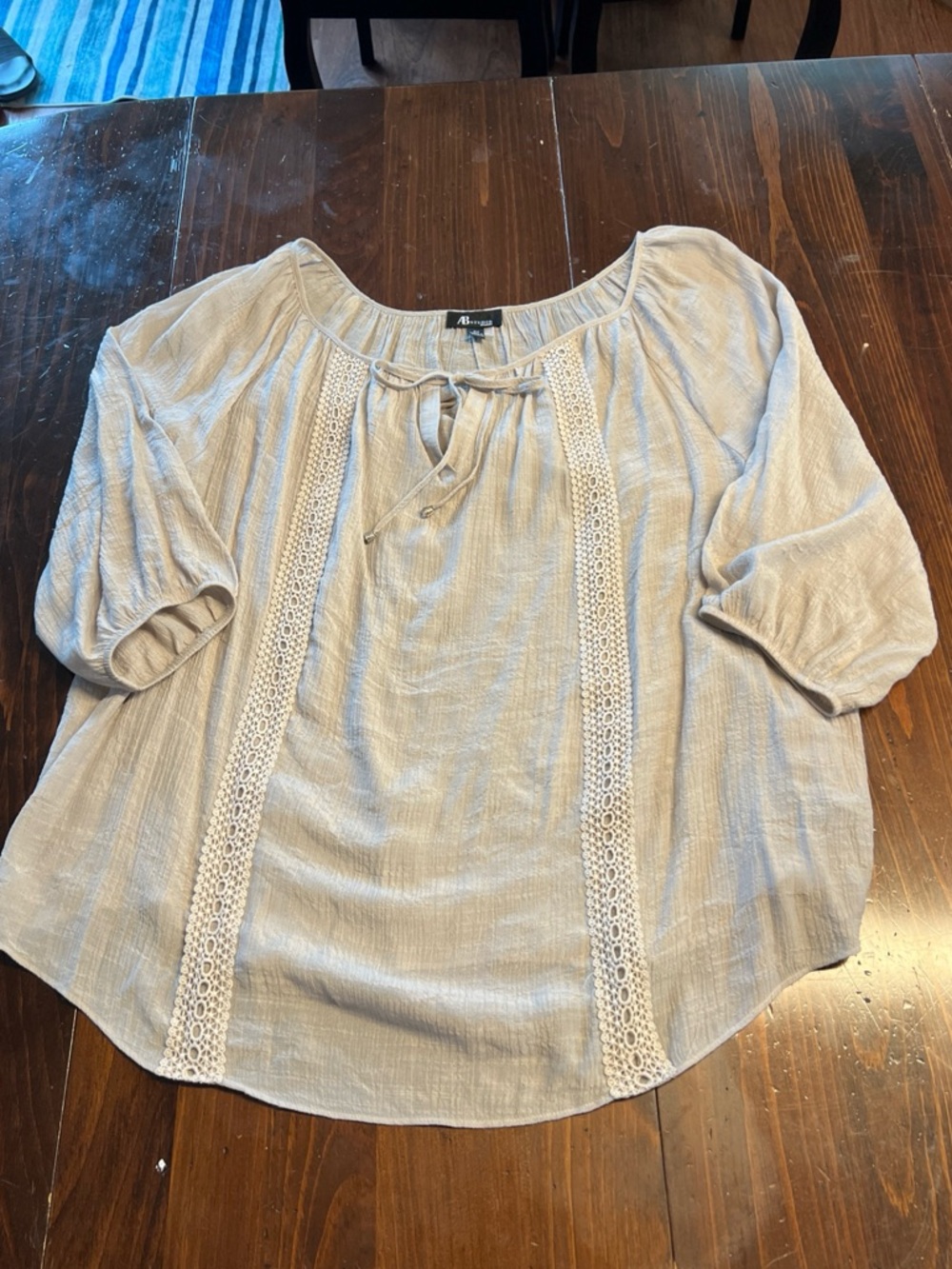 AB Studio Light Gray Lace-Trim Peasant Top